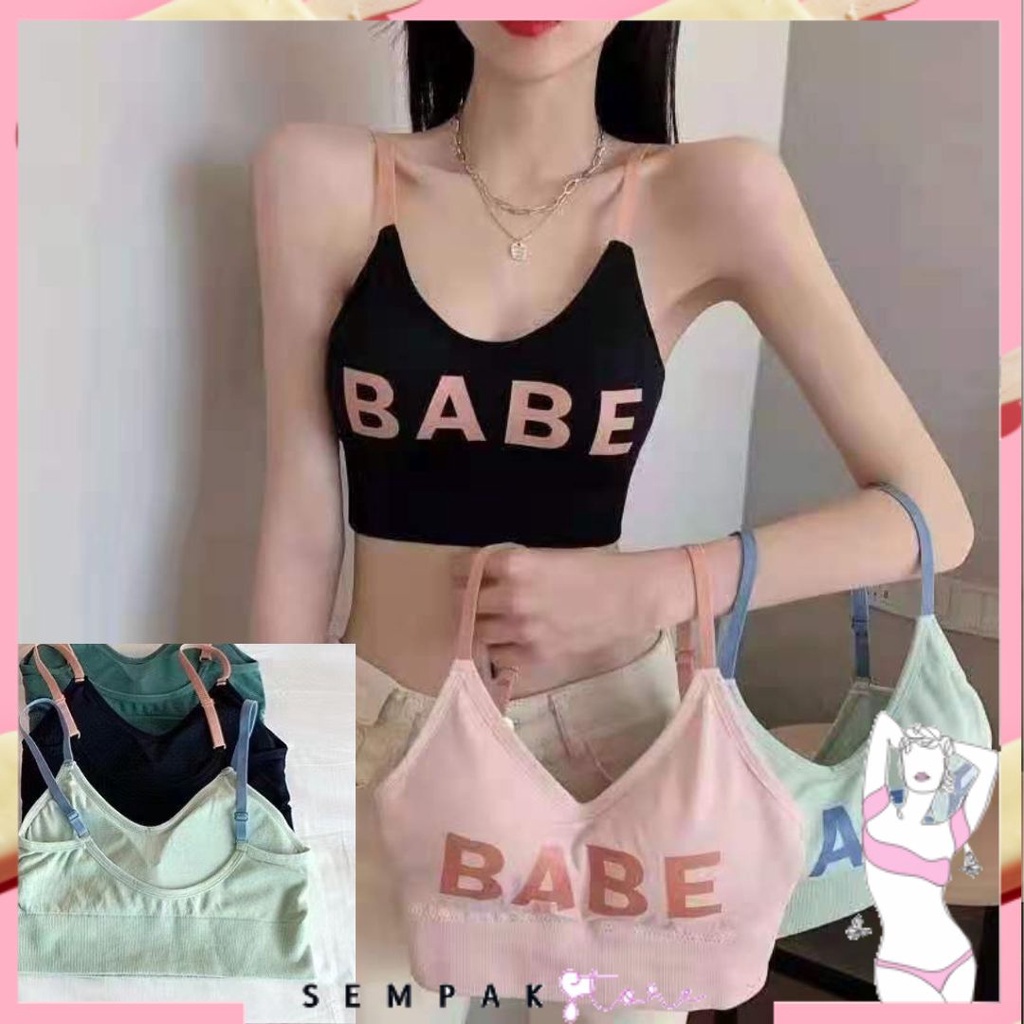 SS Bra Sport Wanita BABE Tanpa Kawat Ala Korea 6464 Tank Top Wanita Pakaian Dalam Wanita BH Sport Yoga Motif Garis Murah Import