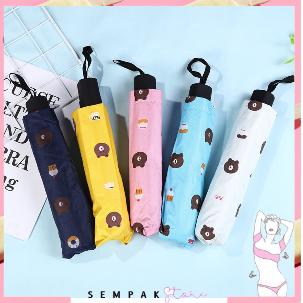 SS Payung Lipat Motif Bear Payung Magic Anti UV Folding Umbrella Karakter Beruang Payung Tabir Surya Hujan atau Panas Free Pouch