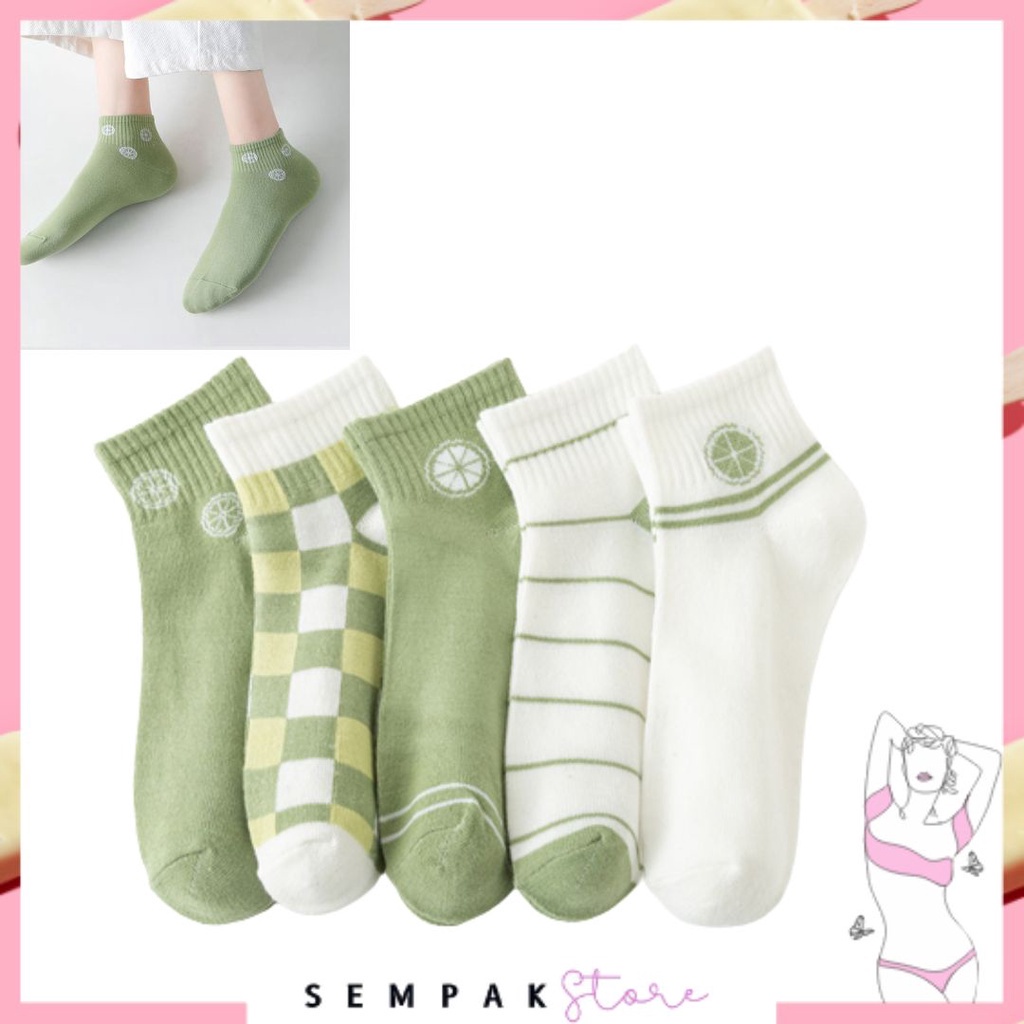 SS Kaos Kaki Wanita Motif Lime Semata Kaki 6580 Kaos Kaki Pendek Japanese Ankle Socks Korean Unisex Karakter Lemon Hijau Model Simple Cute