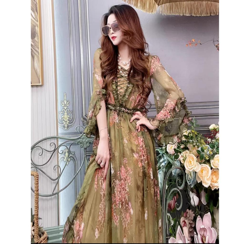 [Basica Moda] 12510 Gaun Dress Maxi Wanita Ramina Motif Floral Chiffon