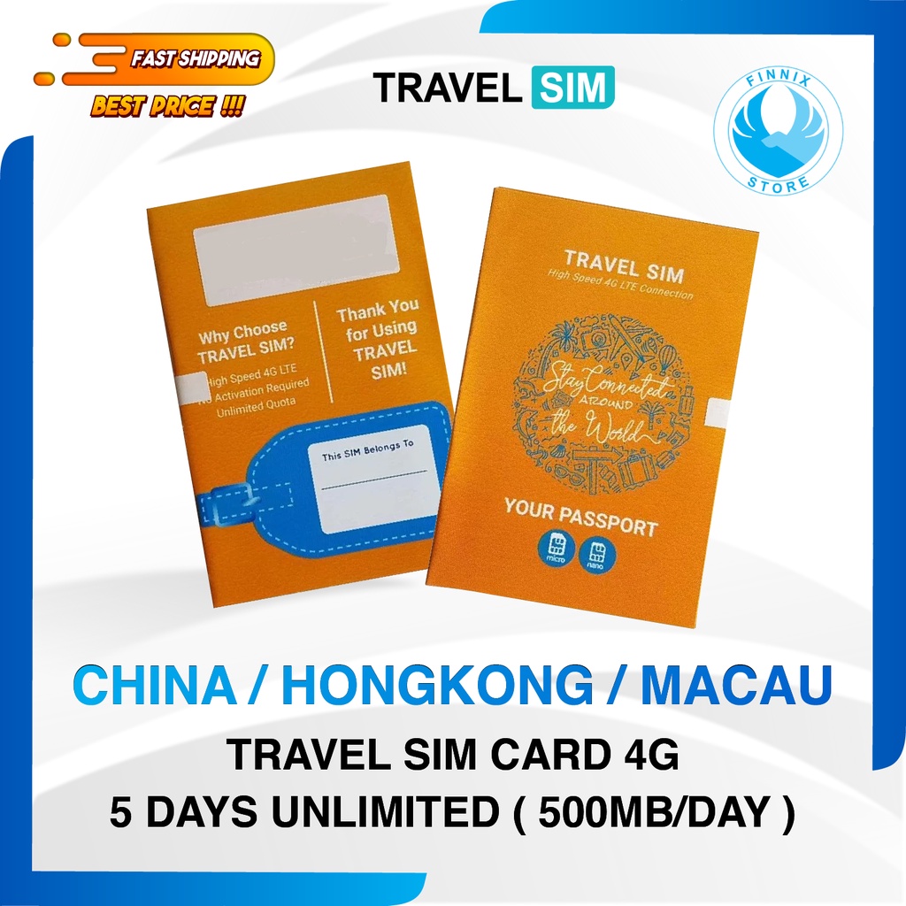 Travel Sim Card Kartu Perdana 4G CHINA HONGKONG MACAU 5 Days - 500MB Perhari