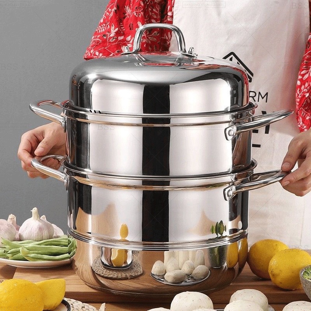 Panci Kukus 3 Susun 32cm 34cm Steam Pot Steamer Makanan Siomay  Multifungsi Stainless Tebal Tutup Kaca Kombinasi