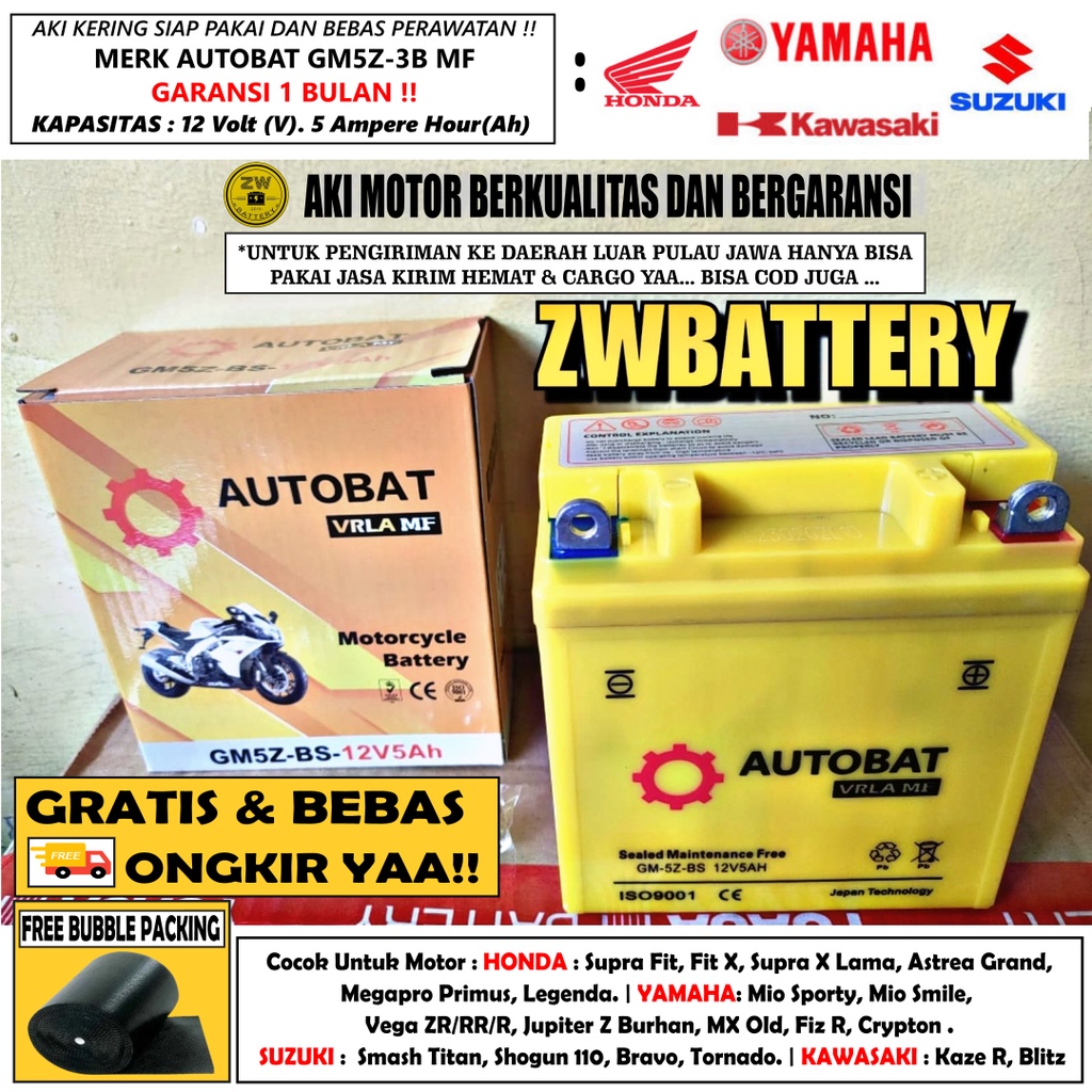 AKI MOTOR VEGA RR/ZR, JUPITER MX LAMA, FIZ R, CRYPTON GM5Z-3B AUTOBAT MF