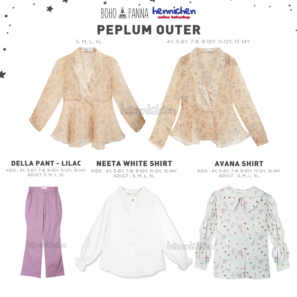 BOHOPANNA x SIDELINE AVANA SHIRT / NEETA WHITE SHIRT / PEPLUM OUTER ORGANZA / DELLA PANT KID &amp; ADULT ATASAN BAJU ANAK DAN DEWASA CELANA PANJANG ANAK DAN DEWASA