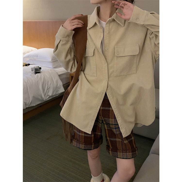 Korean Style Bordir Corduroy Shirt Kemeja Lengan Panjang Wanita Retro Atasan Wanita Kekinian Baju Atasan Wanita