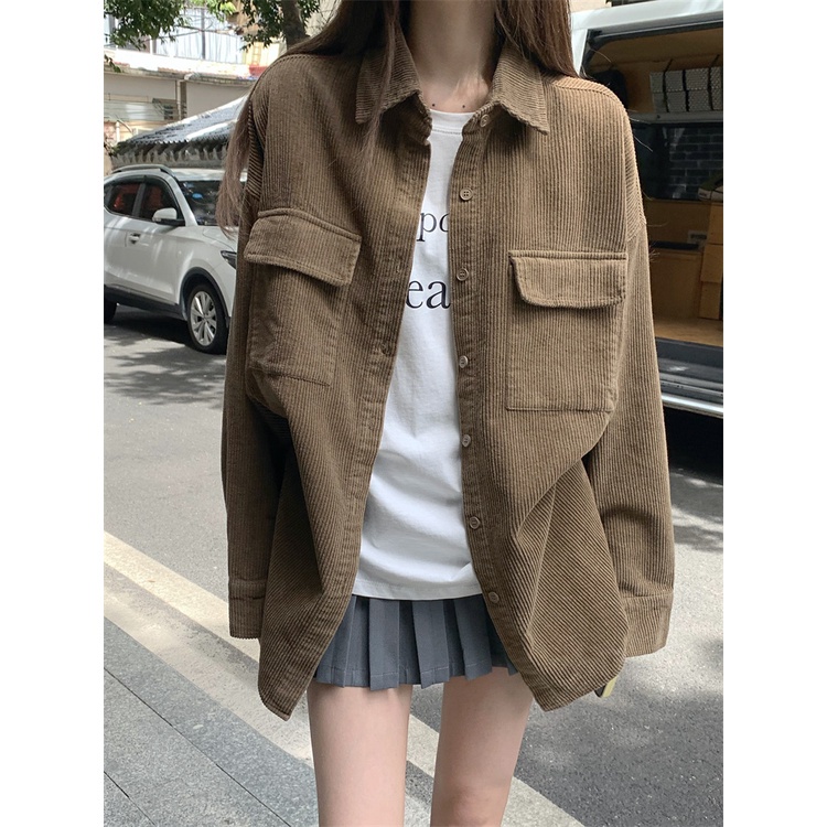 Korean Style Bordir Corduroy Shirt Kemeja Lengan Panjang Wanita Retro Atasan Wanita Kekinian Baju Atasan Wanita