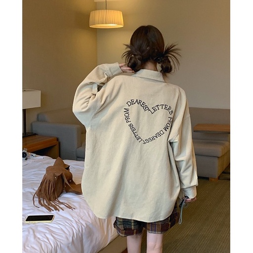 Korean Style Bordir Corduroy Shirt Kemeja Lengan Panjang Wanita Retro Atasan Wanita Kekinian Baju Atasan Wanita