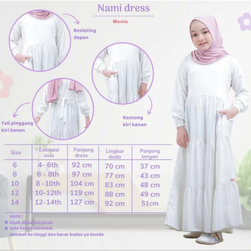 Nami Dress by Monia Hijab Kids Polos size Anak-Remaja | Dress Putih | Dress Manasik