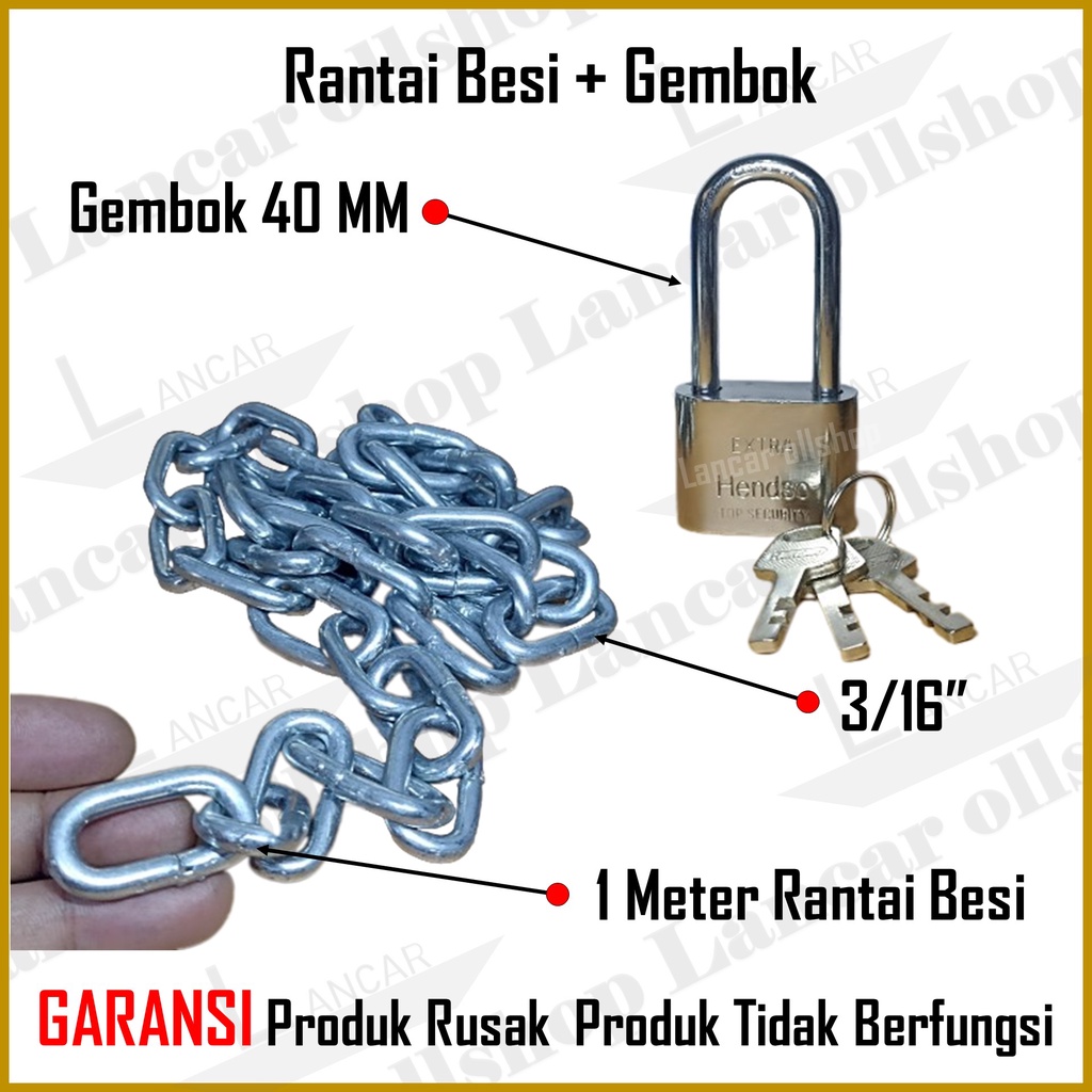 Gembok Rantai Besi / Gembok Rante Rumah Pagar Motor Sepeda / Kunci Rantai 3/16 Gembok 40 MM