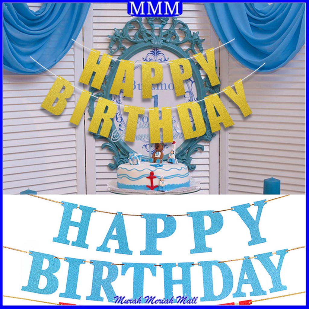 MMM Banner Set Happy Birthday Huruf Glitter Warna Warni Backdrop Pesta Bendera Bunting Ultah Banner Tulisan Ulang Tahun Polos Glitter Murah Import