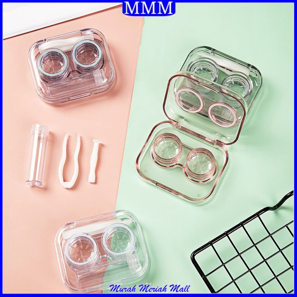 MMM Tempat Penyimpanan Lensa + Penjepit + Tongkat Softlens Case Bening Plastik Tempat Softlens Bening Satu Set Tempat Kontak Lensa Mata Import