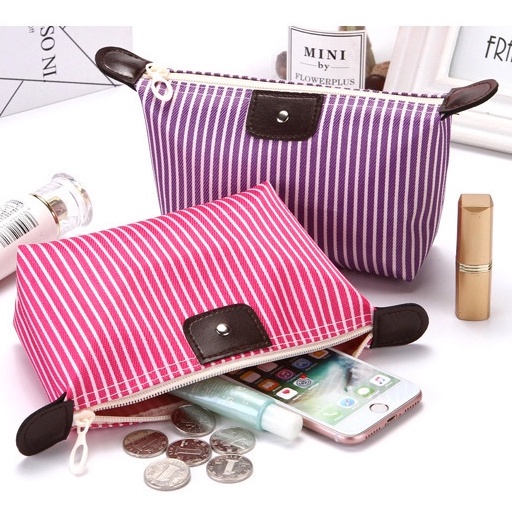 MMM Tas Pouch Kosmetik Makeup Organizer Anti Air Motif Garis Kosmetik Pouch Belang Alat Mandi Murah Import