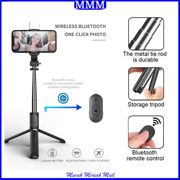 MMM Tripod Bluetooth Selfie Stick LED Flash With Fill Light Tripod Expandable Tongsis Youtuber Live Broadcast Vlog Murah Import