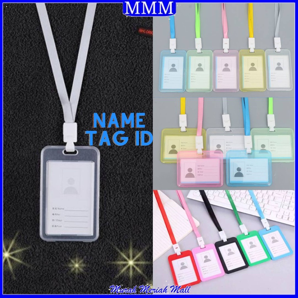 MMM Name Tag Id Card Transparant Gantungan Kartu Nama Plastik Vertical Lanyard Potrait Motif Polos Warna Warni Tanda Pengenal Bening Horizontal