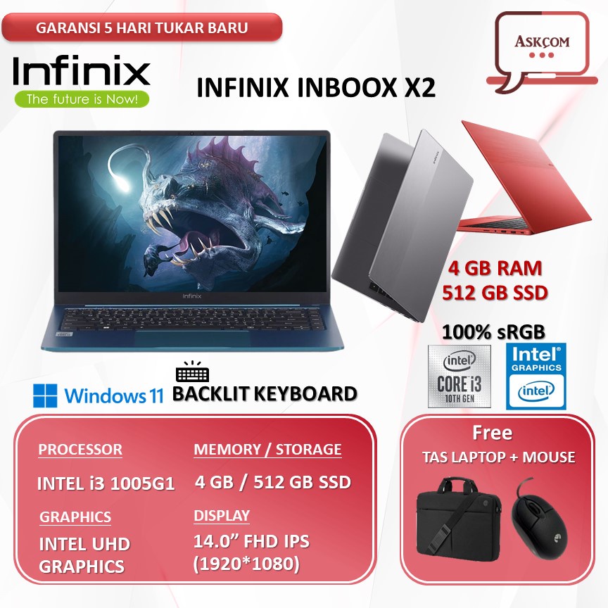 Laptop Infinix InBook X2 i3 1005G1 RAM 4GB 512GB SSD 14.0FHD IPS 100SRGB W11 Metal