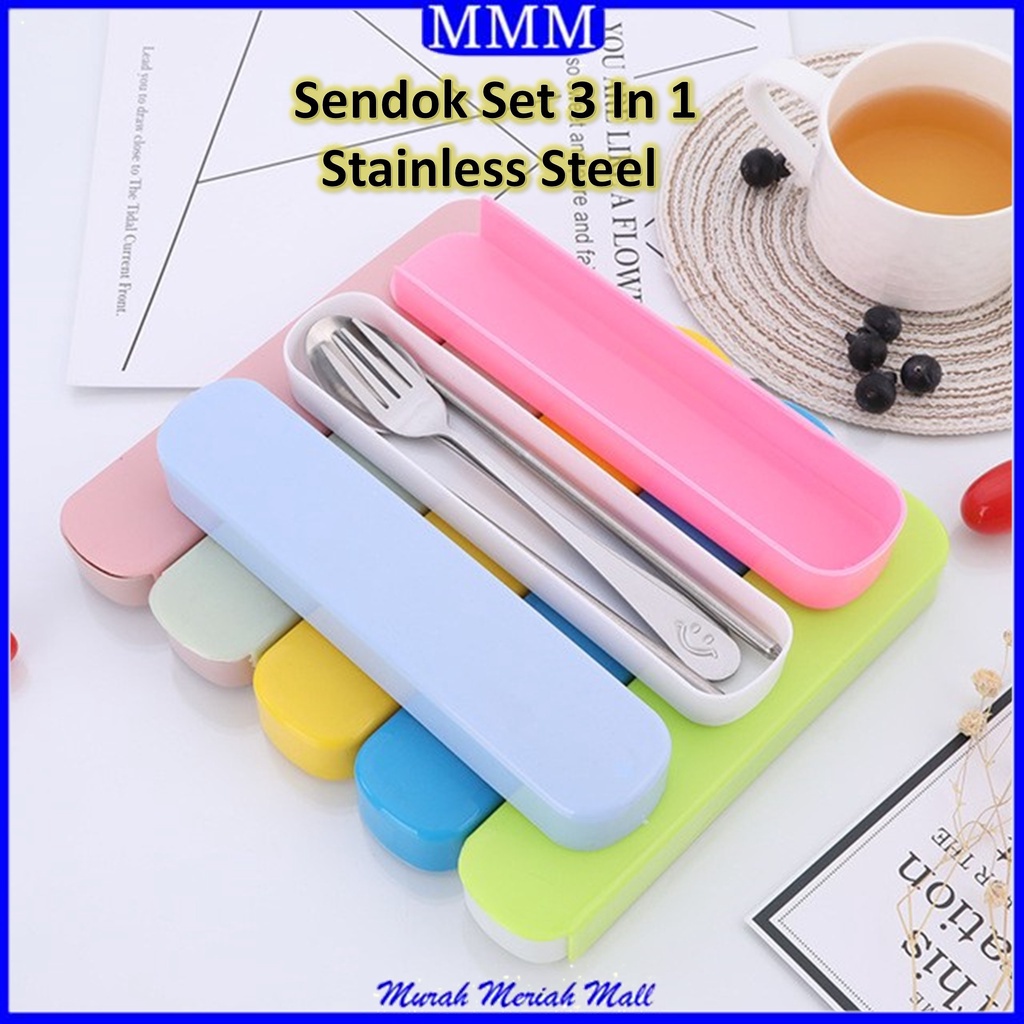 MMM Sendok Set 3 In 1 Besi Kotak Warna Alat Makan 3In1 Sendok Garpu Stainless Steel Kotak Traveling