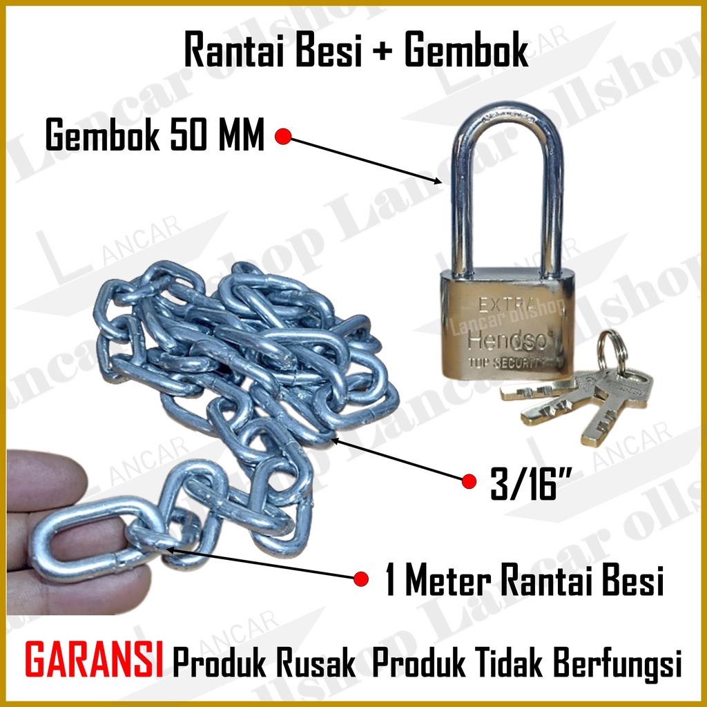 Gembok Rante Rumah Pagar Motor Sepeda / Kunci Rantai 3/16 Gembok 50 MM / Gembok Rantai Pintu Gudang