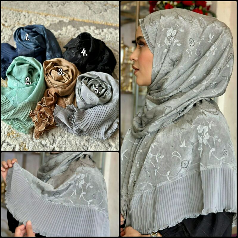 Hijab Pashmina Plisket Pinggir Motif Bunga Import Mewah Elegant Premium Shawl