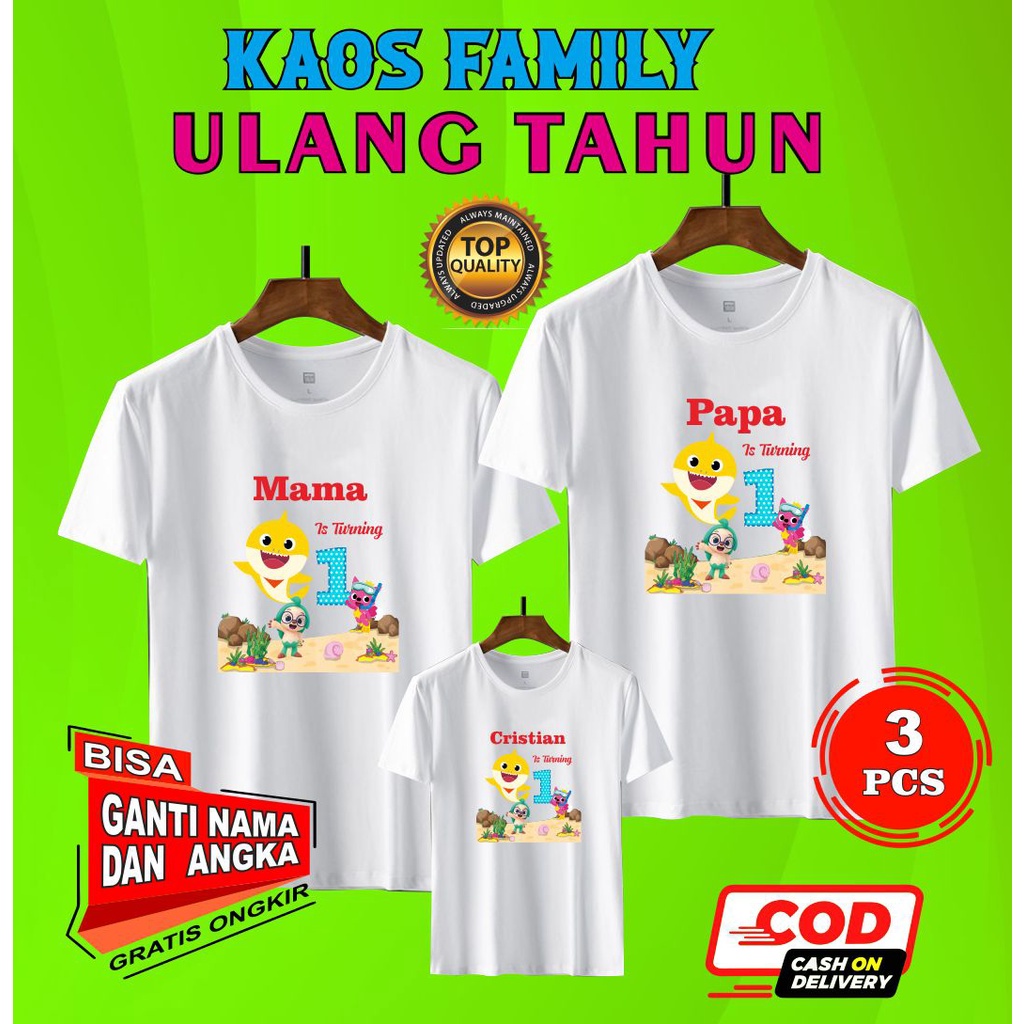 KAOS BAJU COUPLE KELUARGA | KAOS FAMILY CUSTOM ULANG TAHUN BIRTH DAY TEMA BABY SHARK KODE-05 | PAKET