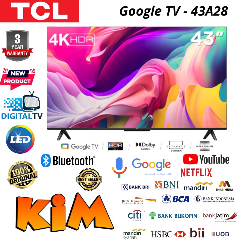 TCL 43A28 Smart TV 43 Inch Google TV 4K UHD HDR 10 - Garansi Resmi