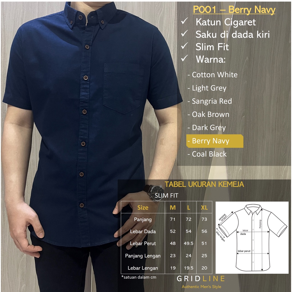 [GRIDLINE - P001 Colorful Cigaret Basic] Kemeja Pria Polos Slimfit Katun Cigaret Premium M-XXL