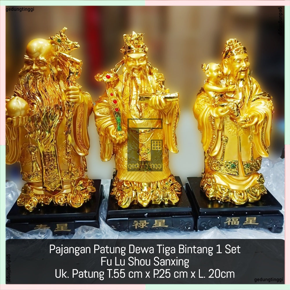 Pajangan Patung Dekorasi Fengshui Puja Suci Dewa Dewi Fulushou Fuk Luk Sau Fu Lu Shou Sanxing Tiga 3 Bintang Hoki Lucky Keberuntungan Rejeki Uang Emas 1 Set Meja Altar Sembahyang Sembayang Budha Buddha 1 Satu Set Ukuran Besar