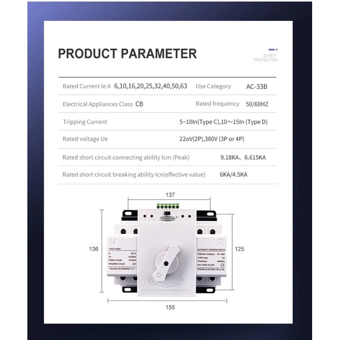 Automatic Transfer Switch 2P 63A 230V MCB ATS