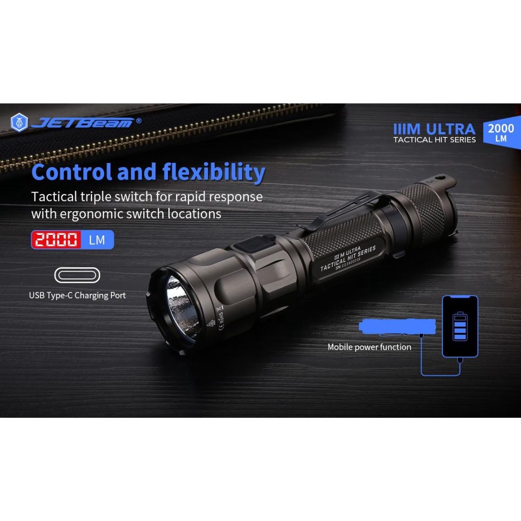 JETBeam Senter LED CREE XHP35 HD Tactical USB Rechargeable IPX8 2000lm - IIIM ULTRA - Black