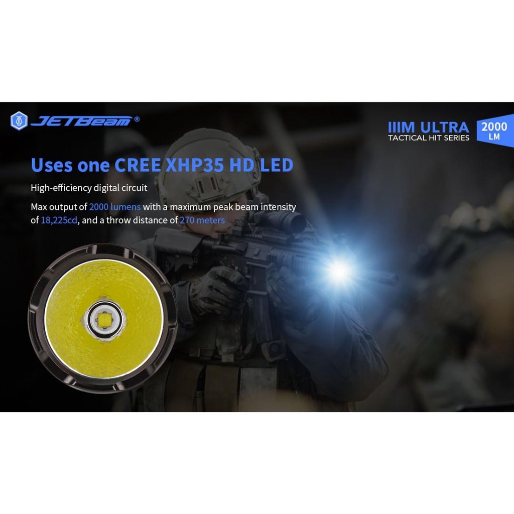 JETBeam Senter LED CREE XHP35 HD Tactical USB Rechargeable IPX8 2000lm - IIIM ULTRA - Black