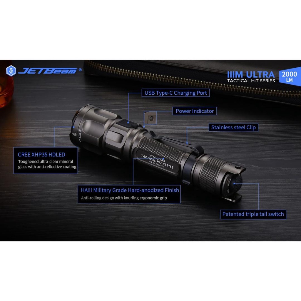 JETBeam Senter LED CREE XHP35 HD Tactical USB Rechargeable IPX8 2000lm - IIIM ULTRA - Black