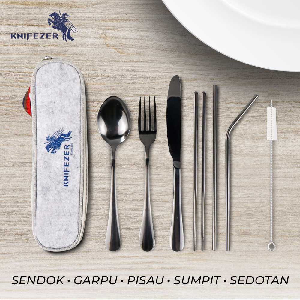 KNIFEZER Set Alat Makan Sendok Garpu Pisau Sumpit Sedotan - EA02300 -Grosir