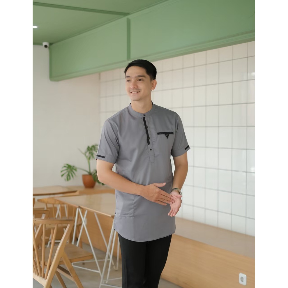 Kemeja Koko Kurta Dewasa Lengan Pendek Grey Size M L XL