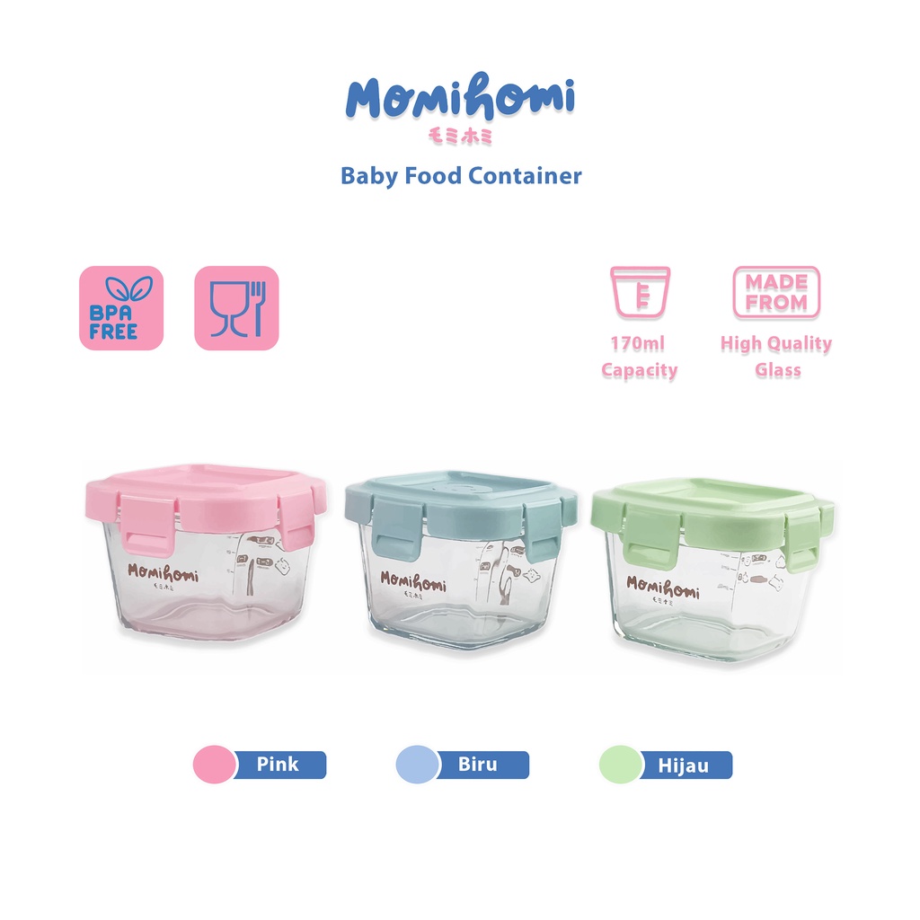 Momi Homi Baby Food Container Glass Tempat Penyimpanan Makanan Bayi Mpasi Food Container Bahan Kaca 140ml Tahan Panas