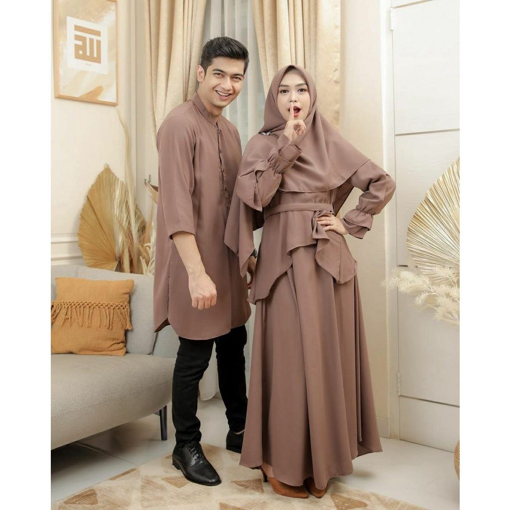 MR2327 Muslim Couple Gamis Polos Rincis 3WARNA / BD / Pakaian Muslim Pasangan / Seragam Lebaran Kelu