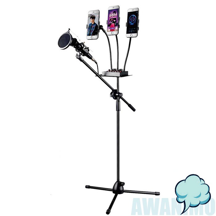 Microphone Stand Standing Holder Tripod 3 Smartphone Mount Tempat Mikrofon Mic Recording Studio Rekaman Live Musik Murah Ring Light Kaki Tiga Panjang Tinggi