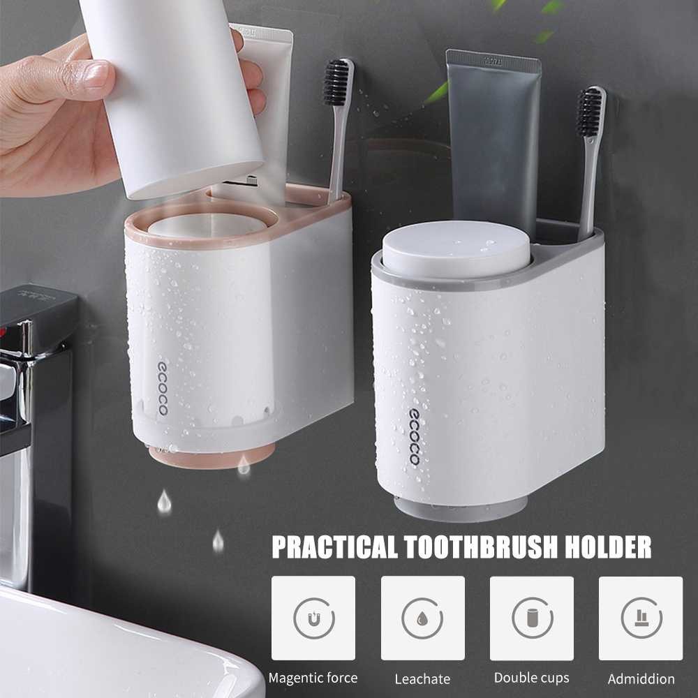 ECOCO Tempat Rak Sikat Gigi &amp; Gelas Magnetic Wall Mounted Toothbrush Holder Tahan Lama ORI