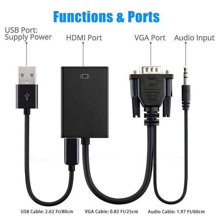 Kabel Adapter Converter VGA Male ke HDMI 1080P Audio Jack 3.5mm Cable Konverter Plug USB Power Video