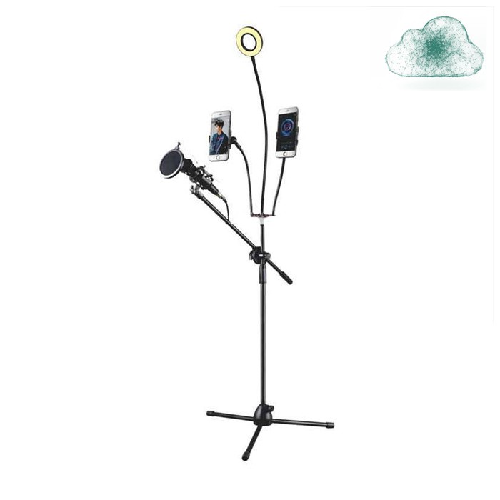 Microphone Standing Mikrofon Tripod Unipod Mic 2 Smartphone Holder plus Ring Light Flashlight
