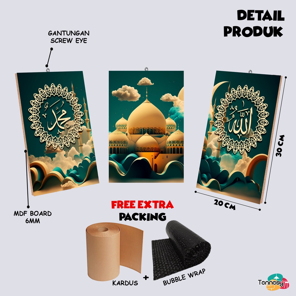 TENNESY Hiasan Dinding Kaligrafi Masjid Allah Muhammad Set 3 Panel Dekorasi Dinding Kamar Tidur Pajangan Kayu Poster Dekorasi Rumah