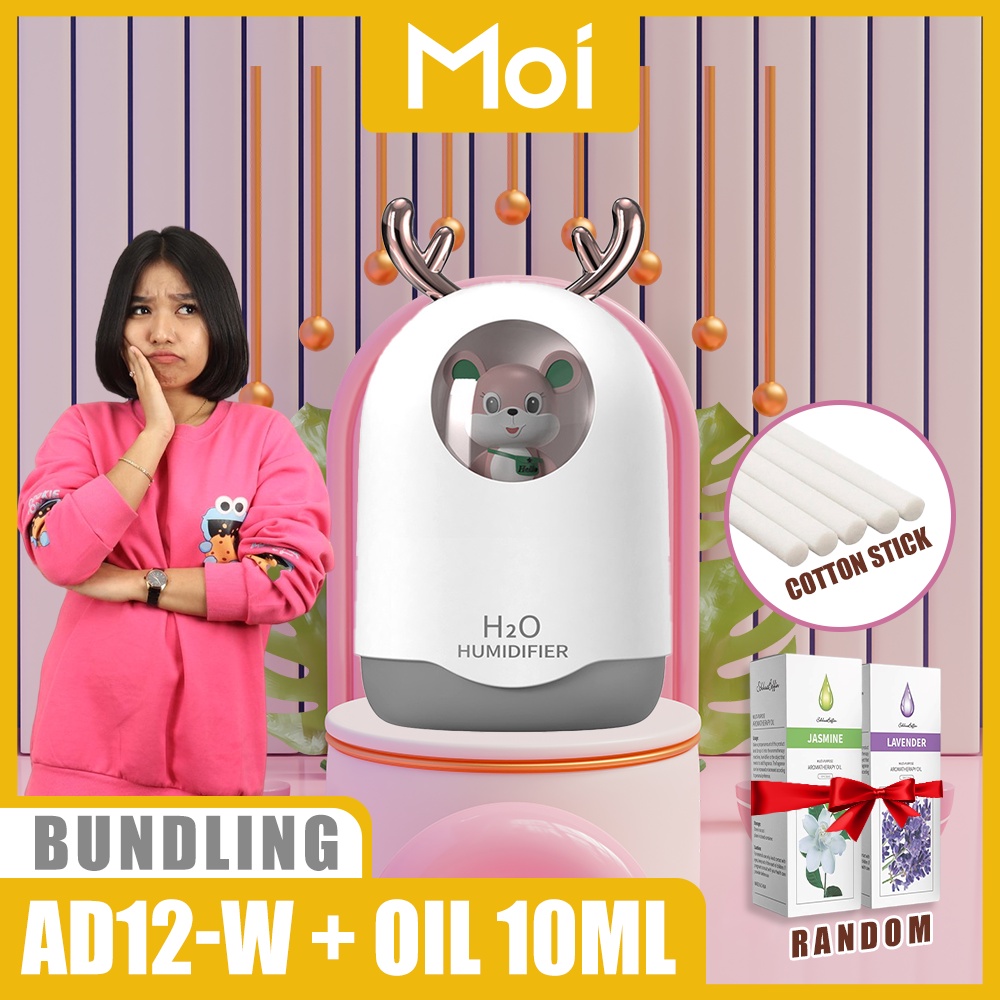 [ PAKET BUNDLING ] Moi 300ML Mini Humidifier Diffuser Air Purifier Aromaterapy 7 Colour LED Lamp Model Mouse Design