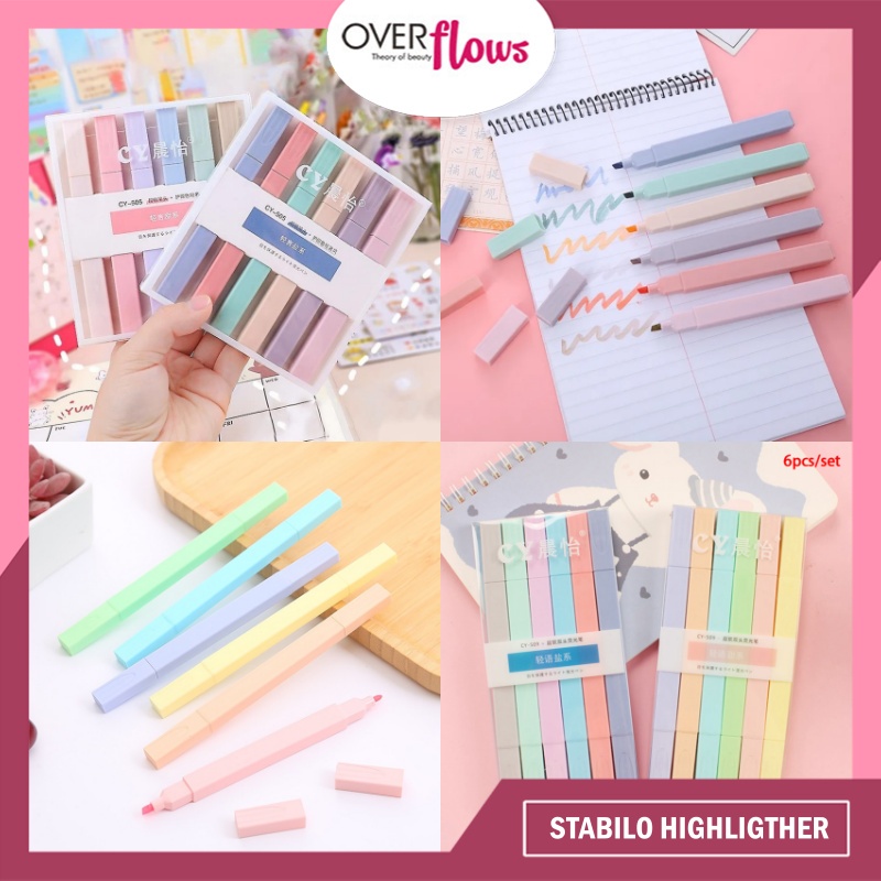 OVERFLOWS.ID 6 Pcs Stabilo Kotak Double Side Spidol Warna Warni Highlighter Dua Sisi Set Murah