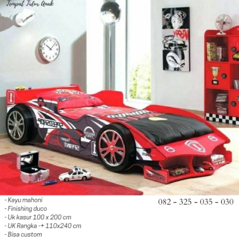 Kasur Karakter Anak Cewek Ukuran 140x200 Bentuk Mobil Balap, Tempat Tidur Kayu Minimalis Single Bed 