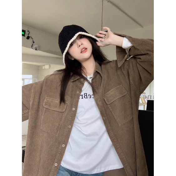 XIAOZHAINV Kemeja Corduroy Lengan Panjang Korean Style Oversize Atasan Wanita 0743