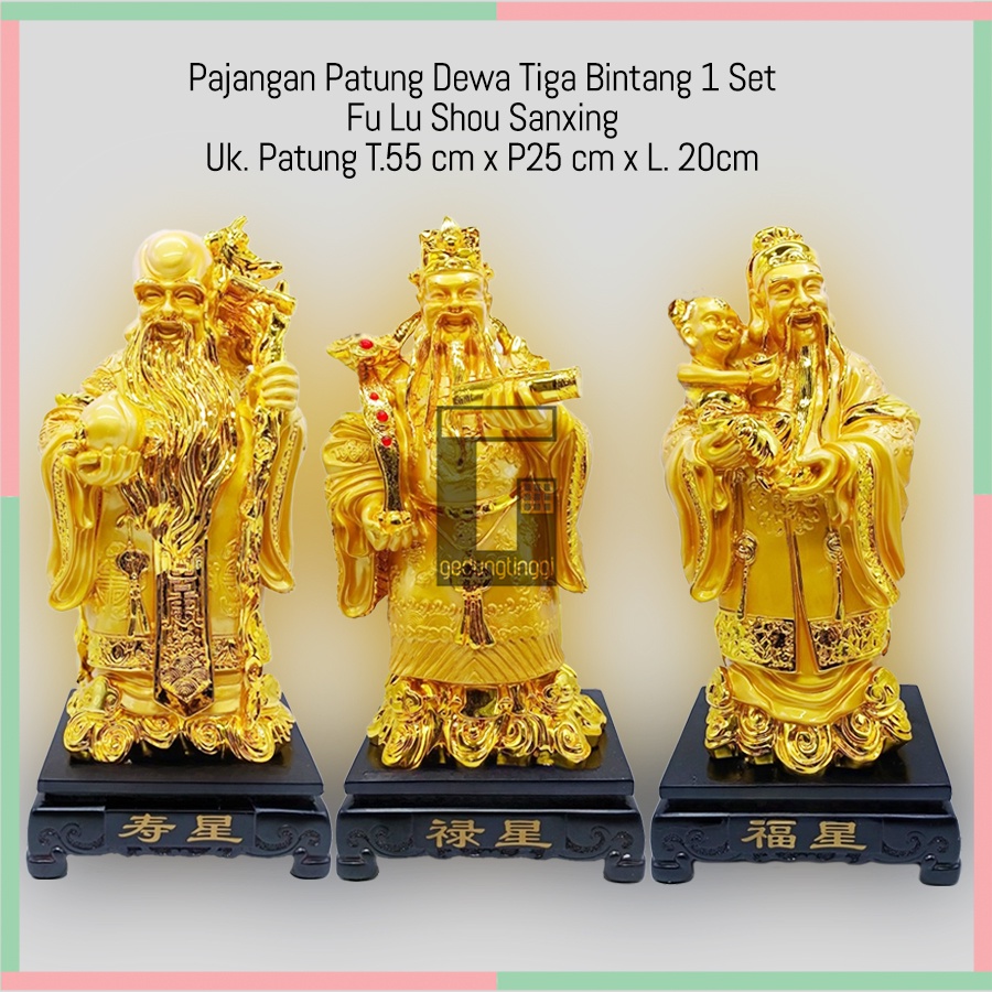 Pajangan Patung Dekorasi Fengshui Puja Suci Dewa Dewi Fulushou Fuk Luk Sau Fu Lu Shou Sanxing Tiga 3 Bintang Hoki Lucky Keberuntungan Rejeki Uang Emas 1 Set Meja Altar Sembahyang Sembayang Budha Buddha 1 Satu Set Ukuran Besar