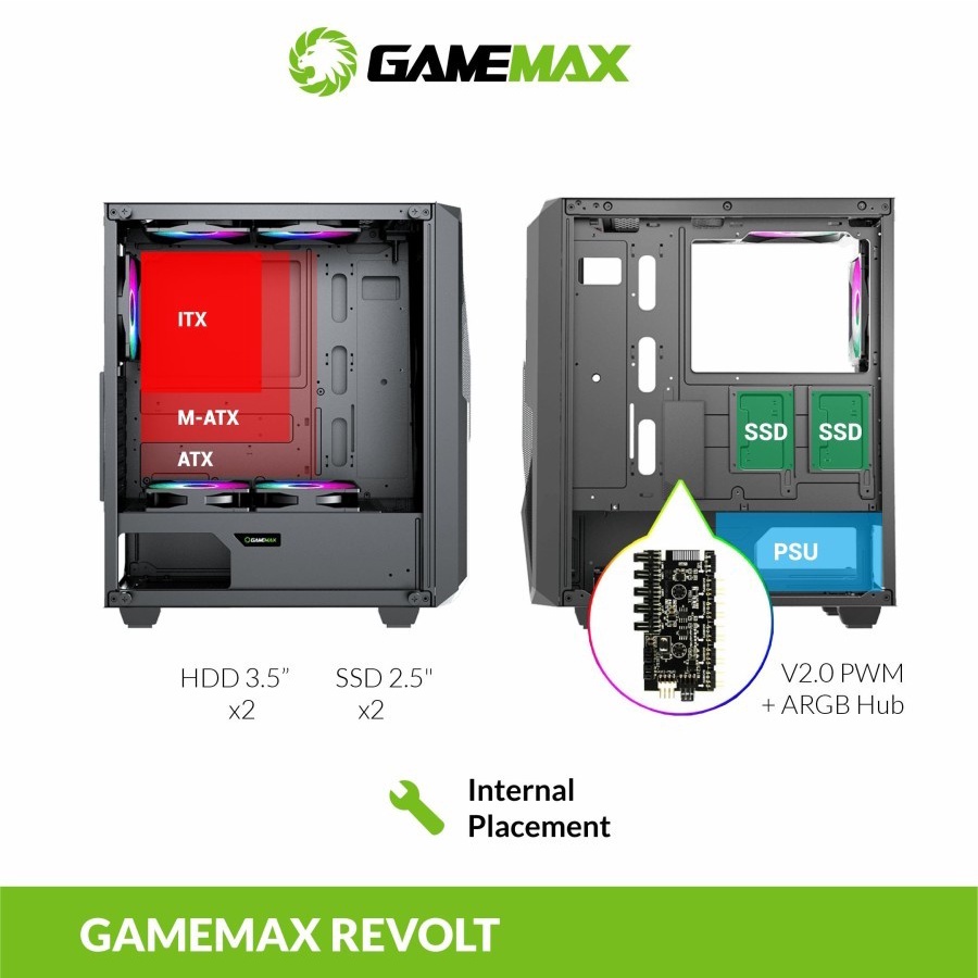 Casing Gamemax Revolt ATX with 3 Fan ARGB Gaming PC Case