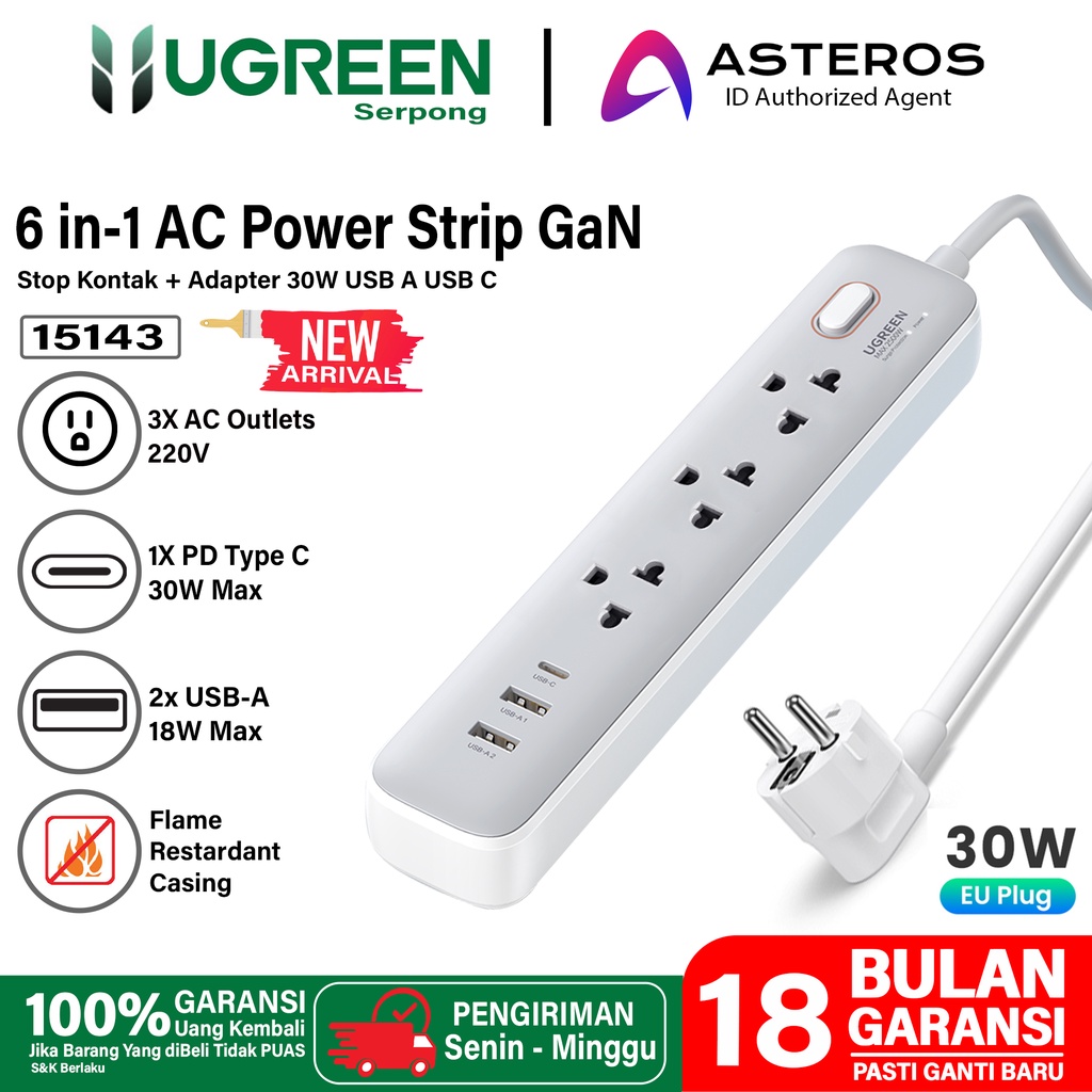 UGREEN Stop Kontak Kabel Power Strip Colokan Listrik Socket USB A + Type C GaN 30W Fast Charging