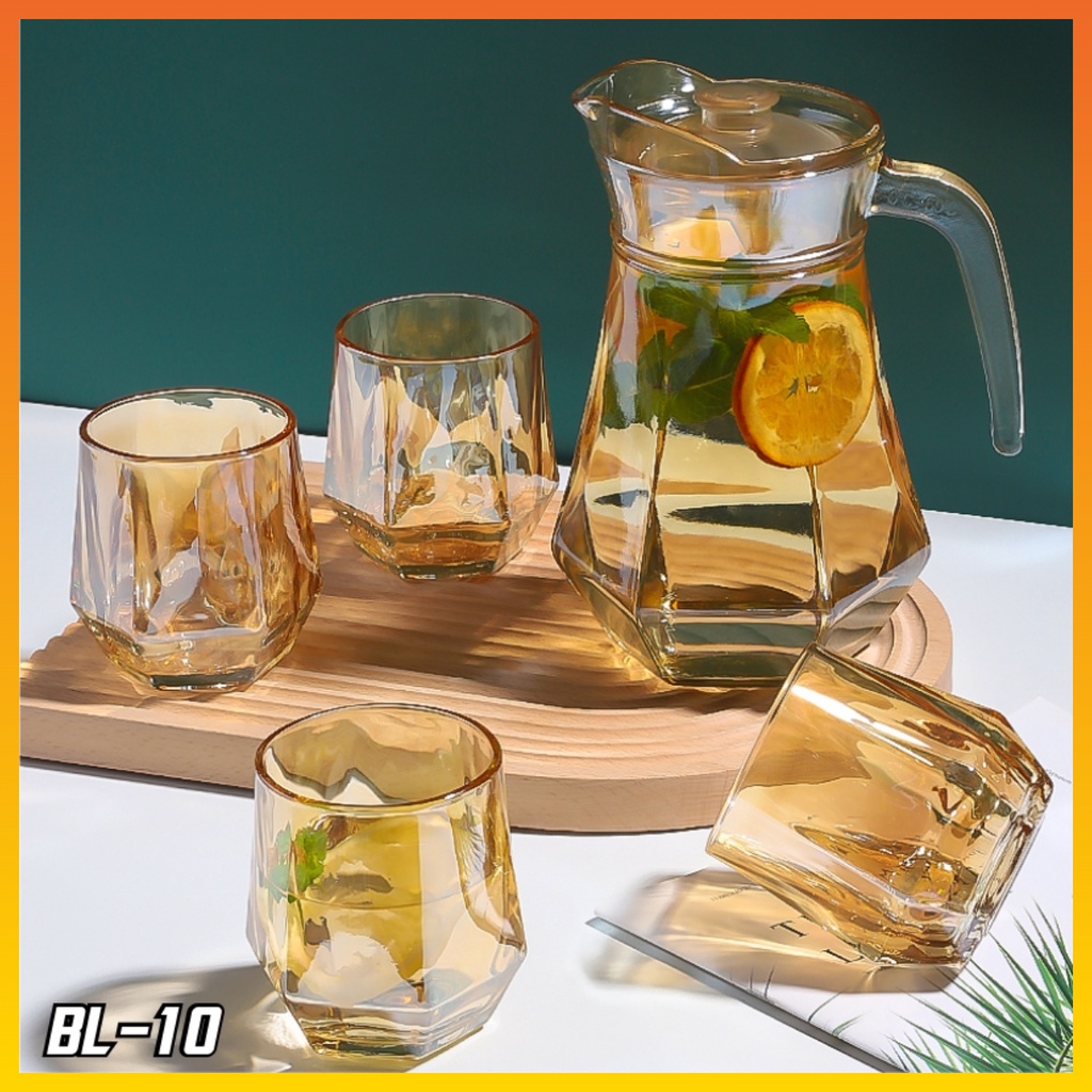 Cangkir Teko Kaca Set 4 Cups 1 Botol Pitcher Teko Kaca Gelas Kaca Cantik Unik Elegan Mewah Cocok Unt