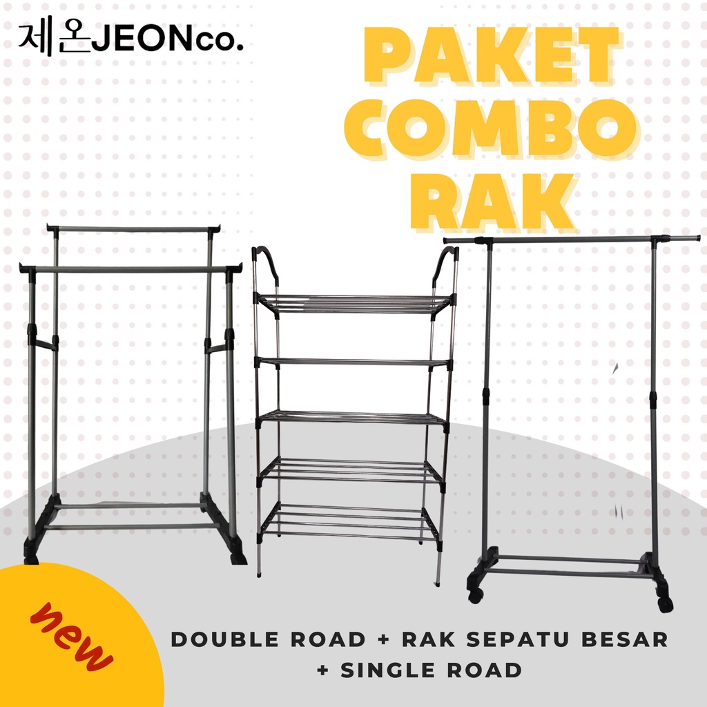 Paket Combo Rak Sepatu Besar Hitam 5susun Portable Plastik/Besi Multifungsi Tempat Sepatu Sandal Simple Murah + Double Rod  Gantung 2 Lapis Dan Single Rod Shoes Rak Serbaguna Baju Gantungan Roda Laundry Pajangan Display Stand Hanger