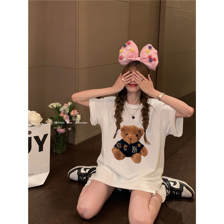 EUNII T-shirt Lengan Pendek Retro Bear Korean Style/Kaos Atasan Wanita/Baju Kaus Oversize Wanita/Kaos Wanita