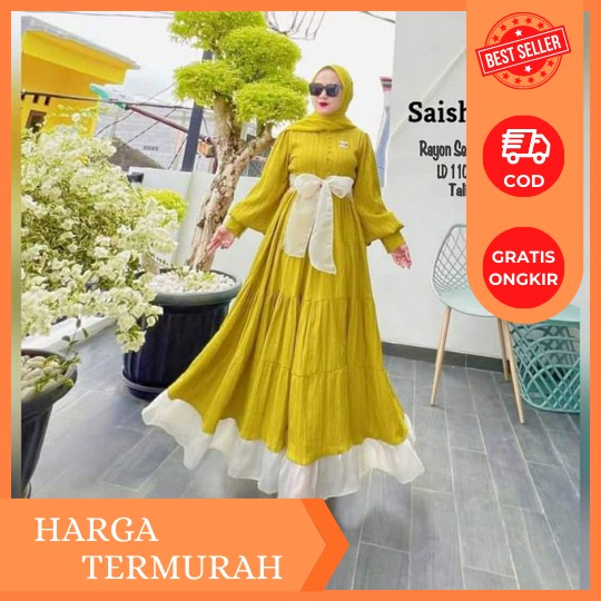 Baju Gamis Wanita Model Terbaru Sekarang Matt Ceruty Baby Doll Motif Bunga Besar Aksen Kancing Depan